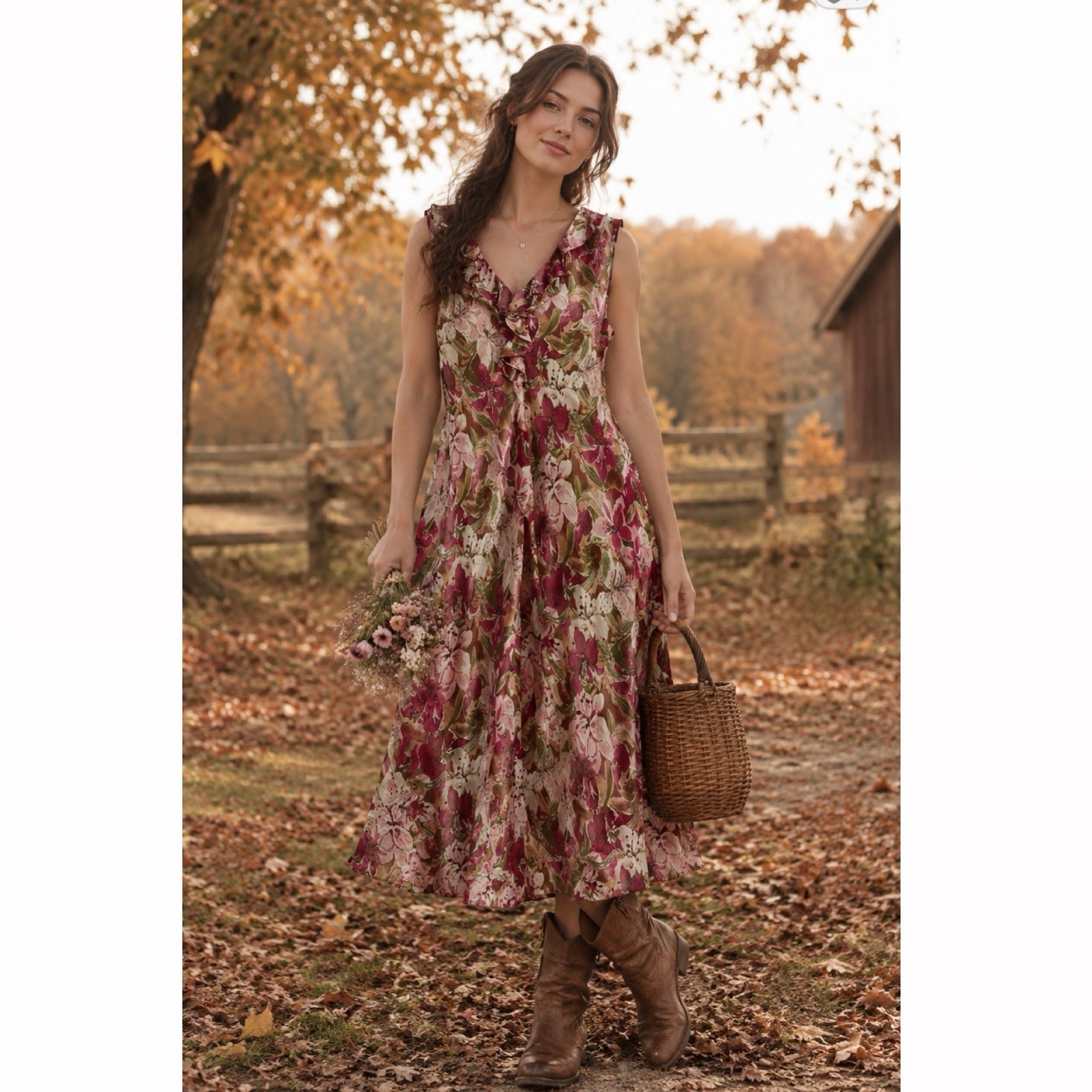 Coldwater Creek Silk Floral Ruffle Midi Dress Size 8 Vtg Fall Romantic Prairie